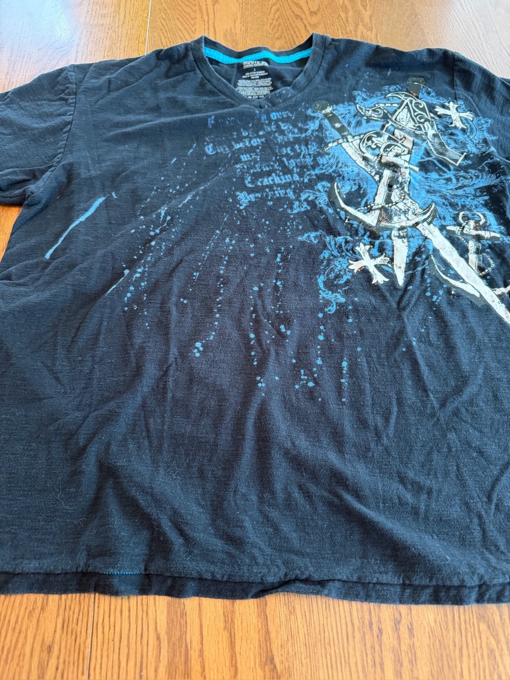 Route 66 Y2k Black and Blue V-Neck T-Shirt Large